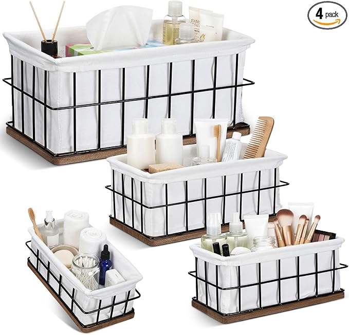 4 Pack Metal Basket with Liner Wooden Bottom Bathroom Baskets Organizer Multiple Sizes Wire Storage Rustic Farmhouse Decor for Home Kitchen Toilet Cabinets Pantry Laundry Room