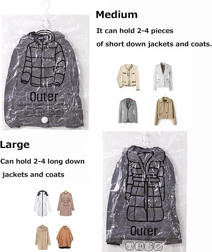 Hanging Vacuum Storage Bags, 2024 New Reusable Hanging Vacuum Storage Bags for Clothes, Coats, Jackets, Hanging Compressible Storage Bag Space Saver Bags with Hand Pumps (Medium, 2Pcs)