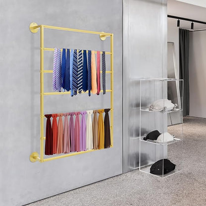 Wall Mounted Display Rack, 7-Tier Wall Mounted Scarf Rack, Gold Towels Storage Rack, Wrapping Paper Ribbon Organizer, Metal Wall Display Rack for Bedroom, Retail Store, Flower Shop