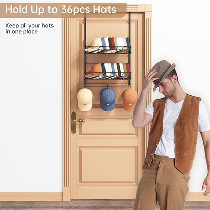 Over Door Hat Organizer 3 Tier Wall Mounted Hat Rack with 2 Adjustable Metal Basket and 3 Hooks Hat Organizer for Baseball caps Hat Hanger Holder Display for Door Closet, Cap Organizer Storage