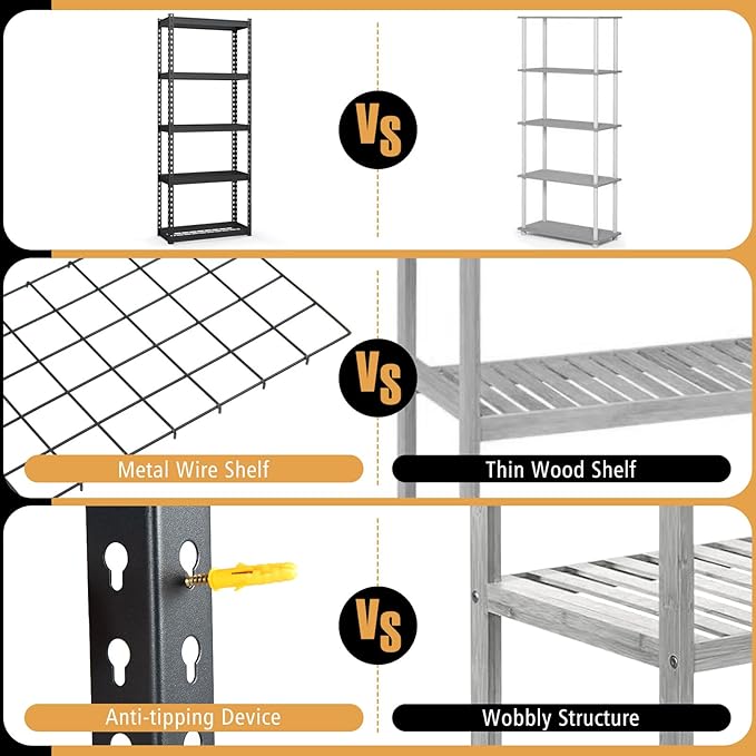 Goplus 5-Tier Metal Shelving Unit, 4 Pack Heavy Duty Wire Storage Rack with Anti-Slip Foot Pads, Height Adjustable Shelves for Warehouse, Kitchen, Living Room, Garage, 12" D x 27.5" W x 66" H