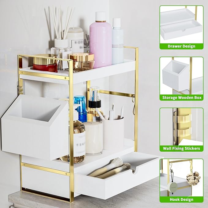 2-Tier Bathroom Counter Organizer with Drawer and Basket, Wood Countertop Organizer for Storage, Skincare Organizers for Vanity, Counter Shelf for Bathroom Organization(White-gold)