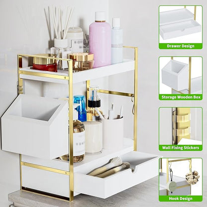 2-Tier Bathroom Counter Organizer with Drawer and Basket, Wood Countertop Organizer for Storage, Skincare Organizers for Vanity, Counter Shelf for Bathroom Organization(White-gold)