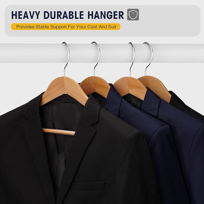 Wooden Suit Hangers 10 Pack - Heavy Duty Wide Shoulder Hangers With Non Slip Pants Holder for Men, Women, Coats, Jackets (Natural)