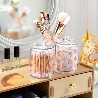 Milk Cow Qtip Holder with Lid 2PCS Apothecary Jars Storage Containers, Clear Plastic Canister for Cotton Swab,Floss Picks, Cosmetics (Pink Bow, one sizex4)
