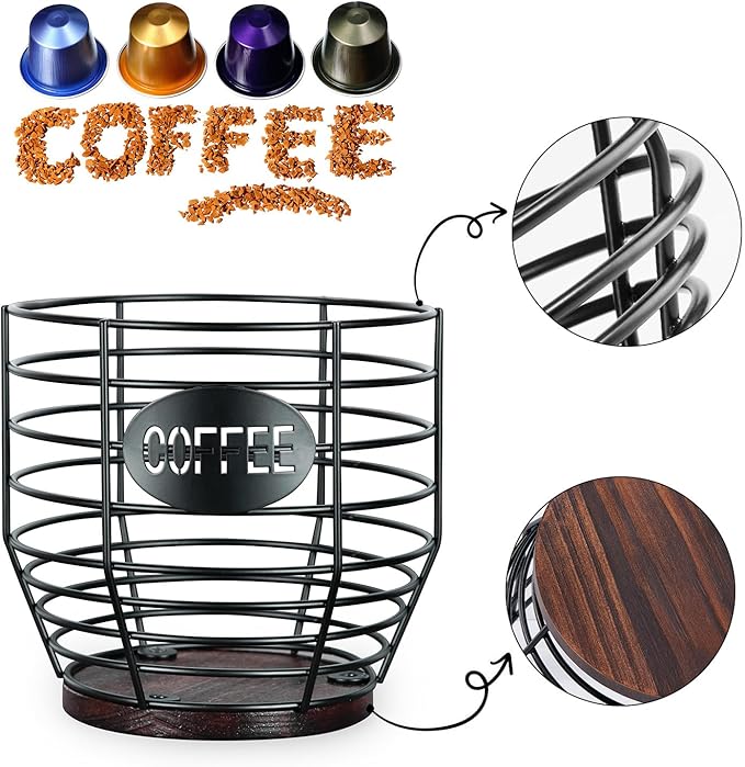 Yangbaga 1pcs Coffee Pod Holder - Large Capacity Black Wire K-Cup Holder With Wooden Base, Modern Basket Bar Decor for Station,Coffee Pods & Capsules, Fruit Snack Storage