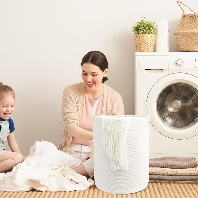 Woven Cotton Rope Laundry basket-15”X20” Laundry Hamper-Rope Storage Basket for Dirty Clothes, Toys and Blankets Perfect for Bathroom, Baby nursery and Living Room Storage (white)