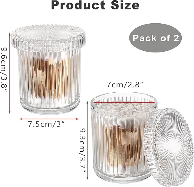 2 Pack Glass Qtip Holder with Lid, Qtip Dispenser Bathroom Storage Jars- Glass Apothecary Jars for Cotton Ball, Swab, Pads, Floss Picks, Bathroom Accessories Organization and Vanity Organizer(Clear)