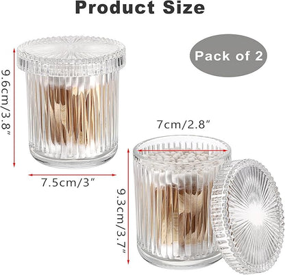 2 Pack Glass Qtip Holder with Lid, Qtip Dispenser Bathroom Storage Jars- Glass Apothecary Jars for Cotton Ball, Swab, Pads, Floss Picks, Bathroom Accessories Organization and Vanity Organizer(Clear)