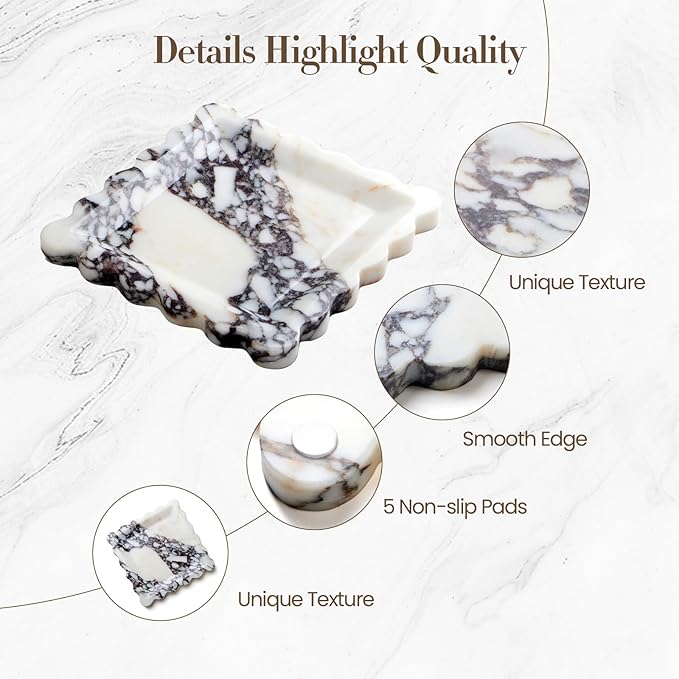 SAMAH Calacatta Viola Natural Marble Tray, Scalloped Storage Dish, Decorative Tray for Bathroom, Vanity, Kitchen & Home Decor, Valentine's Day, Teacher Appreciation Gifts, House Warming Gifts(Square)