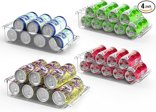 Soda Can Organizer for Refrigerator, Set of 4 Stackable Drink Organizer for Fridge, Freezer, Kitchen, Countertop, Soda Can Dispenser Beverage Holder, Clear Design
