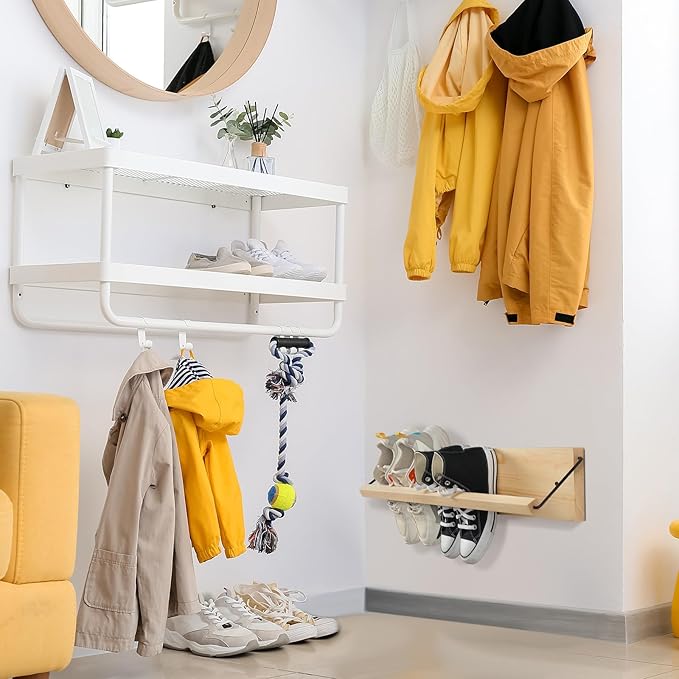 Mifoci 2 Pcs Wall Mounted Shoe Rack Organizer Wooden Modern Compact Wall Space Saving Shoe Holder Storage for Sneaker Footwear Slipper Boots Entryway Narrow Spaces Hallway(28.35'' Long)