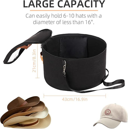 Pehciroe Modern Black Round Hat Box Storage, Portable Felt Travel Hat Boxes with Translucent Dustproof Lid and Shoulder Strap, 16.9" x 8.3" x 8.3"