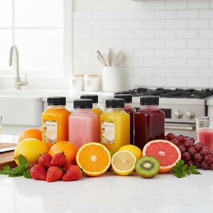 TOMNK 150pcs 8oz Plastic Juice Bottles with Caps Empty Reusable Clear Bottles with Label, Funnel and Brush Beverage Containers Bulk with Lids for Juicing, Smoothies, Fridge