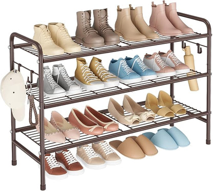 VILICK 3 Tier Shoe Rack 33" Wide Metal Shoe Organizer Long Shoe Storage with 4 Side Hooks Sturdy Shoes Shelf for Front Door Entrance, Closet, Garage, Dorm, Brown