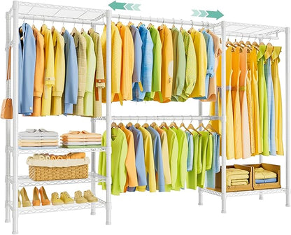 SEMHOR E06 Expandable Heavy Duty Clothes Rack for Reach-in Closet, Freestanding Clothing Racks with Shelves, Carbon Steel Closet Organizer System Adjustable from 70.8-93.9", Max Load 800LBS, White