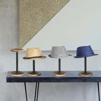 MyGift 4 Pcs Hat Rack Stand, Cowboy Hat Holder, Baseball Cap Organizer Storage, Tabletop Wig Display Stand, Jewelry Pedestal, Rustic Burnt Wood and Black Metal Pipe
