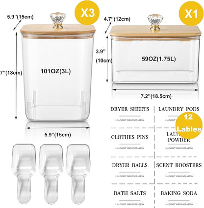 4 Pack Clear Laundry Pods Container & Dryer Sheet Holder Set with Lid, Laundry Containers with Scoops & Labels, Laundry Room Organization and Storage for Laundry Detergent, Pods, Powder, Beads