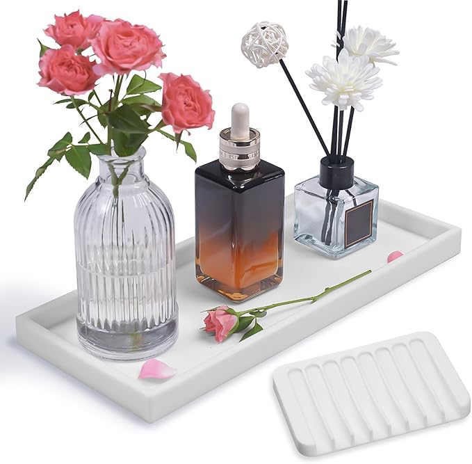 Bloss Counter Tray Set for Bathroom/Kitchen - 11.8" Silicone Tray for Kitchen Countertop, Soap and Sponge Holder, Bathroom Vanity Traty for Perfume, Jewelry, Candle, Key Tray