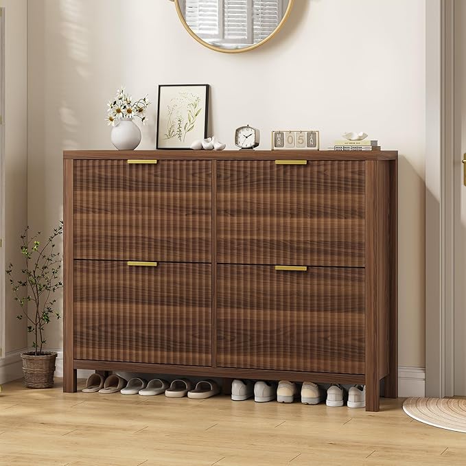 YOMILUVE Shoe Cabinet Storage for Entryway, Fluted Shoe Cabinet with 4 Flip Drawers, Hidden Shoe Rack Freestanding Wooden Shoe Organizer with Legs for Hallway, Walnut