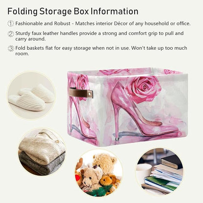 Large Storage Basket High Heel Pink Rose Storage Bin Cube Canvas Fabric Organizer Handles Collapsible for Clothes Toys Bedroom Decorative