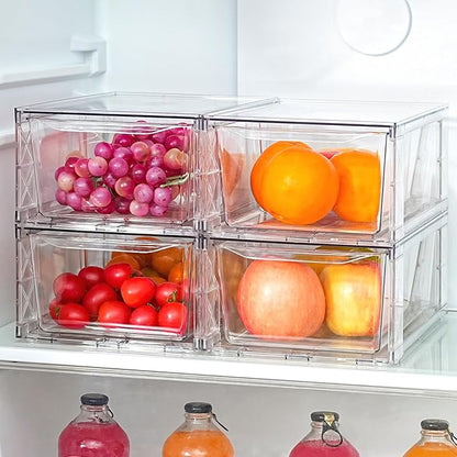 Clemate 4Pack Clear Stackable Kitchen Storage Organizer,Pantry Organizers and Storage,Foods Organizer Bins with Handles, Easily Assemble for Bathroom, Kitchen, Refrigerator, Pantry, Cabinet, Closet