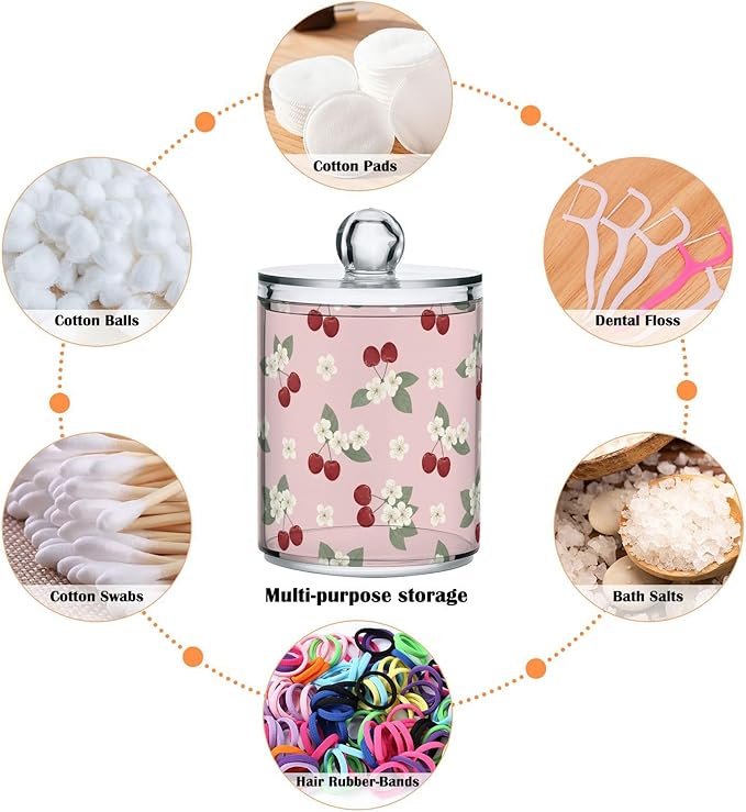 Milk Cow Qtip Holder with Lid 2PCS Apothecary Jars Storage Containers, Clear Plastic Canister for Cotton Swab,Floss Picks, Cosmetics (Sweet Cherrys, one sizex2)