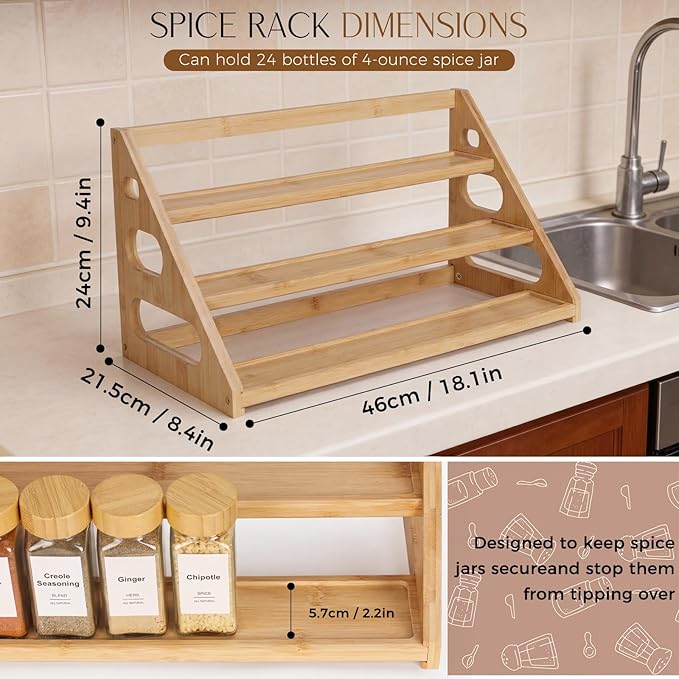 Spice Organizer, Bamboo 3 Tier Spice racks, Kitchen Seasoning Spices Rack, Suitable for Spice Organizers Such as Sitchen Countertops, Stoves, Sorage Rooms (M)