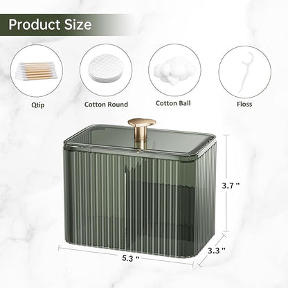 Q Tip Holder for Bathroom with 3 Compartments, Cute Clear Plastic Bathroom Container Jars Canister Dispenser with Lid for Cotton Swab, Ball, Pad, Round, Bathroom Organizer and Storage, Smoked Green