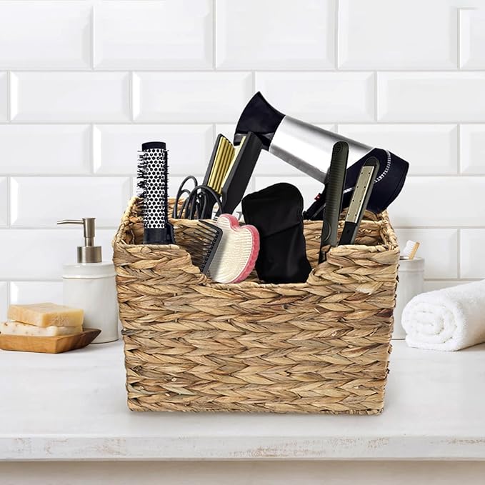 Yesland Hand-Woven Magazine Basket, Natural Narrow Water Hyacinth Holder Magazine Wicker Basket Organizer for Files, Decorative Divided Magazine Storage Basket Bin with Handle for Home, Office, Desk