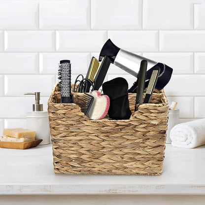 Yesland Hand-Woven Magazine Basket, Natural Narrow Water Hyacinth Holder Magazine Wicker Basket Organizer for Files, Decorative Divided Magazine Storage Basket Bin with Handle for Home, Office, Desk