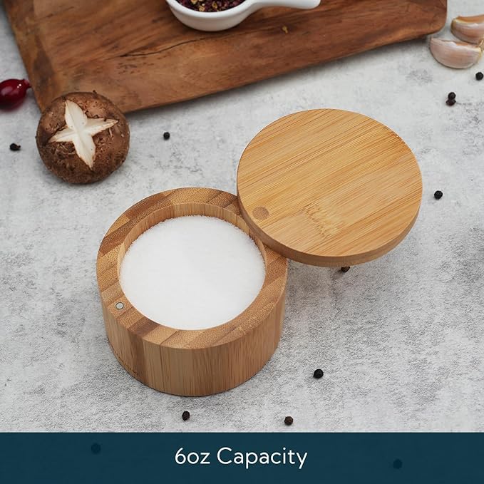 KITCHENDAO Bamboo Salt Cellar Bowl Box，Elegant Kitchen Container Holder with Swivel Magnetic Lid to Store Pepper Spice Bath or Favorite Seasonings, 6oz