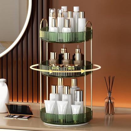 YCIA&DONE 360 Rotating Makeup Organizer and Storage for Vanity Countertop 3 Tiers, High Capacity Cosmetic Skincare Perfume Organizers for Dresser Bathroom Lazy Susan (Vintage Green)