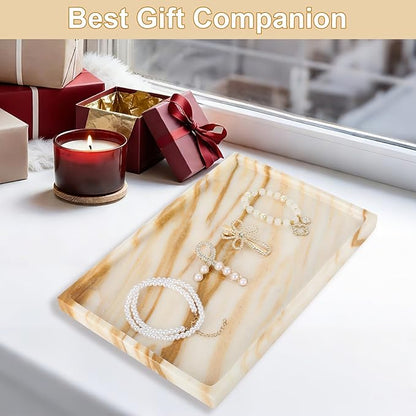 100% Natural Marble Vanity Tray - Real Stone Storage Organizer for Bathroom/Kitchen/Vanity/Dresser, Countertop Tray for Perfume, Jewelry, Home Decor, 11.8 x 7.8 x 0.7 Inch