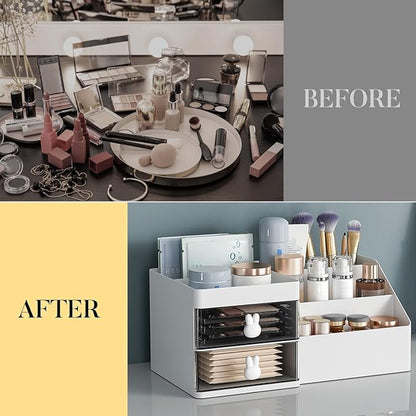 Makeup Organizer, Cosmetic Desk Storage Box with Drawers Skincare Organizers for Dressing Table, Countertop, Bathroom Counter, Vanity Holder for Brushes, Lotions, Lipstick, Perfume (White-Clear)
