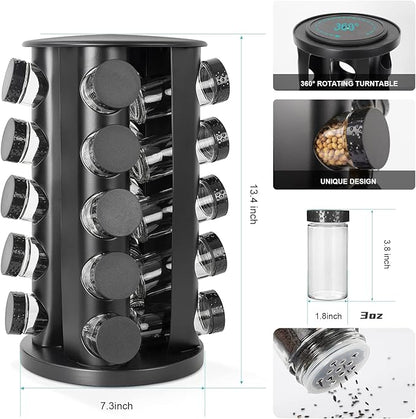 Tianifa Black Countertop Rotating Spice Rack, Round Empty 20-Jars Revolving Spice Rack Organizer, 135 Spice Labels with Funnel Complete Set, for Kitchen Countertop, Cabinet