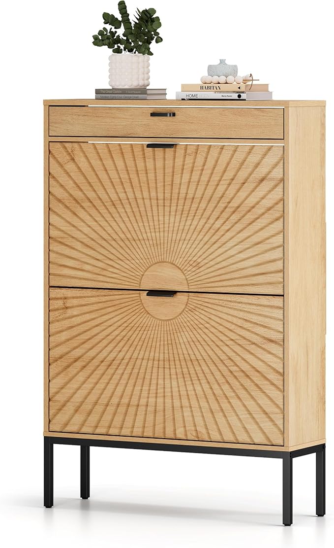 XIAO WEI Shoe Cabinet, Shoe Storage Organizer Cabinet with 2 Flip Half Moon Line Doors, Freestanding Shoe Rack with Adjustable Shelf for Entryway（Oak）