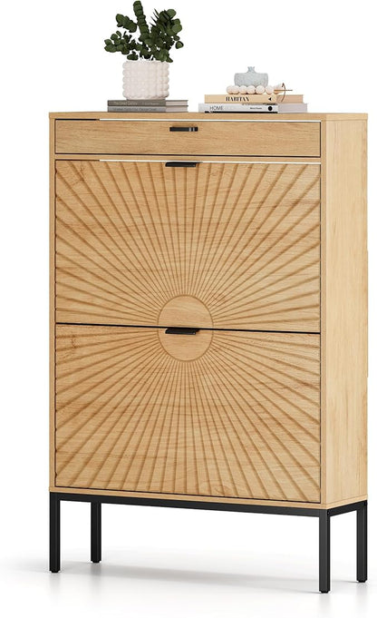 XIAO WEI Shoe Cabinet, Shoe Storage Organizer Cabinet with 2 Flip Half Moon Line Doors, Freestanding Shoe Rack with Adjustable Shelf for Entryway（Oak）