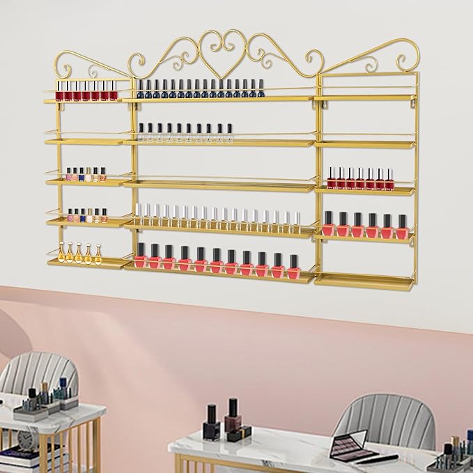 5-Tier Wall-Mounted Nail Polish Storage Racks Set of 3, Metal Cosmetic Display Case with Lipstick Perfume Shelf, Essential Oil Organizer for Home Spa Nail Salon Shop(Gold)