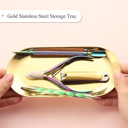 1Pcs Manicure Tools Storage Tray, Oval Stainless Steel Storage Dish Nail Art Accessory Display Tray Jewelry Rhinestone Cosmetic Nail Decorations Organizer Metal Storage Plate (Gold)