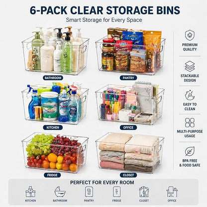 MOONEDGE Open Clear Plastic Storage Bins Stackable Organizer Containers with Handles for Kitchen, Pantry, Fridge, Cabinet, Closet Storage & Home Organization 6 Pack（11 x 8 x 6 in）