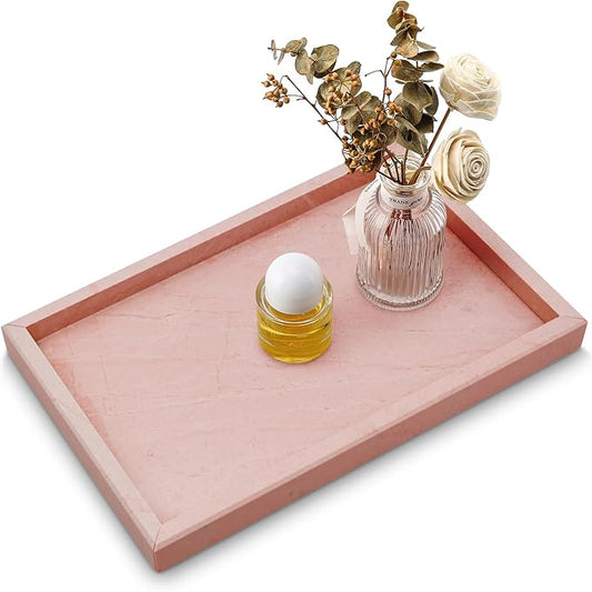 Real Natural Marble Tray for Bathroom, Vanity, Kitchen and Desktop, Rectangle Genuine Marble Stone Tray for Jewelry, Cosmetics, Candles, Lotion, Perfume (Pink, 12" x 8" x 1.2")