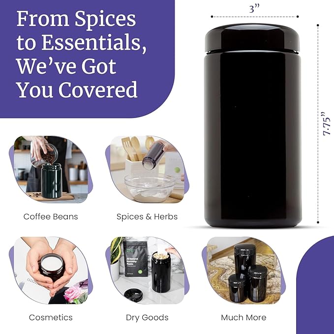 Infinity Jars, 1 L (34 fl oz) Pack 6, Premium Airtight Ultraviolet Glass Jar Smell Proof, Antistatic, Light Blocking Container for Herbs, Coffee, Tea & Spices Durable, Travel-Friendly Storage