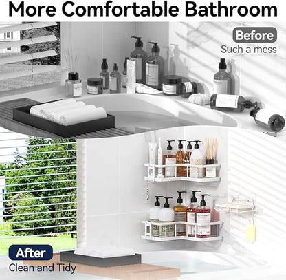 YASONIC Shower Caddy Corner, 3-Pack Adhesive Rustproof Stainless Steel Shower Shelves with Soap Holder, No Drilling Shower Organizer Corner for Dorm, Renters Bathroom, White