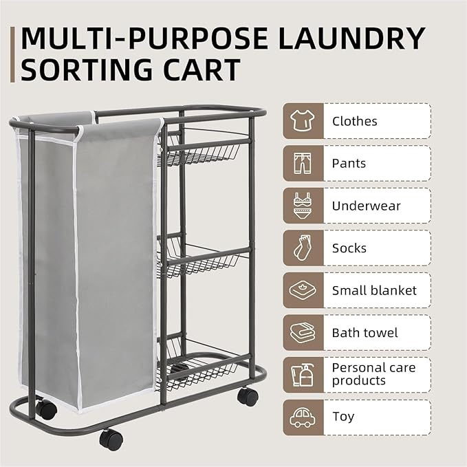 Rolling Laundry Sorter with 3 Storage Baskets and 45 L Bag, 3-Tier Laundry Caddy Between Washer and Dryer,Laundry Room Organization with Wheels and Handle for Narrow Space Bathroom Apartment Dorm
