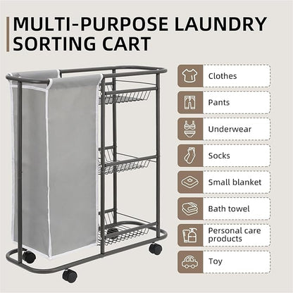 Rolling Laundry Sorter with 3 Storage Baskets and 45 L Bag, 3-Tier Laundry Caddy Between Washer and Dryer,Laundry Room Organization with Wheels and Handle for Narrow Space Bathroom Apartment Dorm