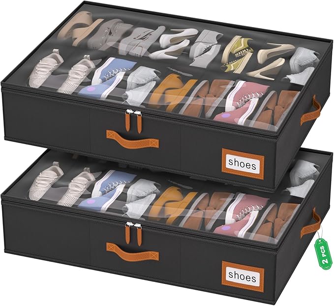 homyfort Shoe Organizer Under Bed, Fits 32 Pairs, Under bed Shoe Storage Boxes with Study Handles and Clear Cover, zapateras organizer for shoes, set of 2