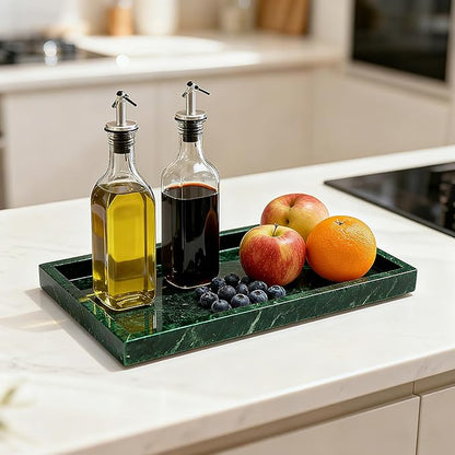 Pure Natural Marble Tray for Bathroom, Dresser, Sink. Cosmetics, toiletries, perfumes, Jewelry, Candles, etc. can be Placed (Jade Green, 12" x 8" x 1.2")