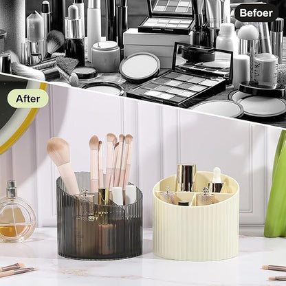 DASITON 3 Slots Makeup Brush Holder, Acrylic Makeup Brush Cup, Vintage Striped Make Up Brush Holder for Vanity Decor, Bathroom Countertops, Desk Storage Container, Cosmetic Display Cases (Cream)