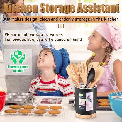 Kitchen Utensil Holder Tableware Storage Bucket, Spoon Chopsticks Fork Drain Rack Utensil Crock for Counter, Household 3-Format Tableware Drainer with Removable Divider and Wooden Base